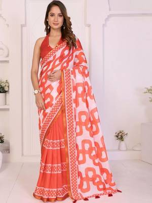 Orange linen printed saree with blouse 3