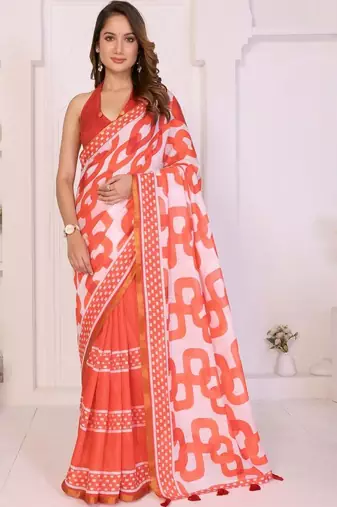 Orange linen printed saree with blouse