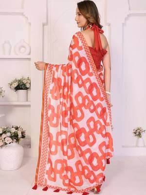 Orange linen printed saree with blouse 5