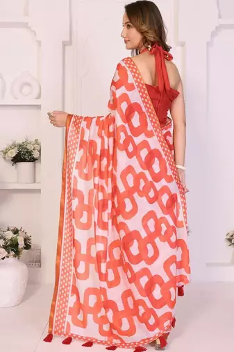 Orange linen printed saree with blouse