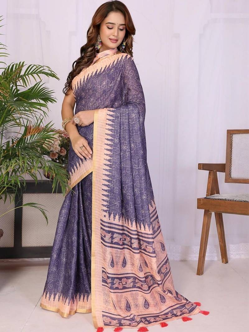 Navy blue linen  saree with blouse