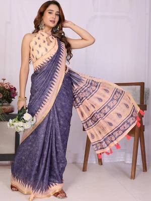 Navy blue linen  saree with blouse 3