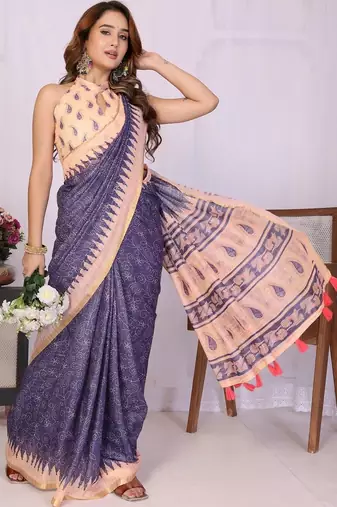 Navy blue linen  saree with blouse