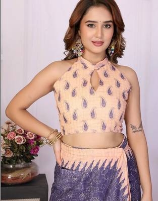 Navy blue linen  saree with blouse 5