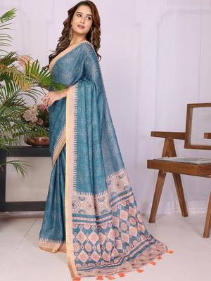 Blue linen printed saree with blouse 1