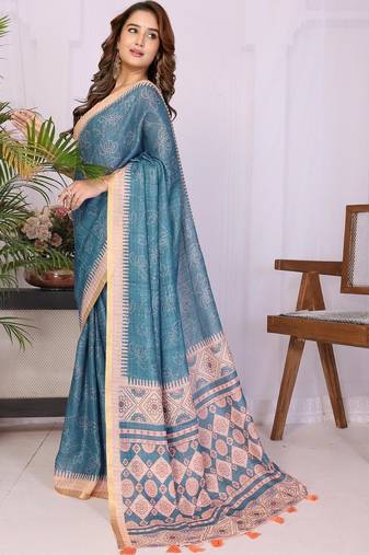 Blue linen printed saree with blouse
