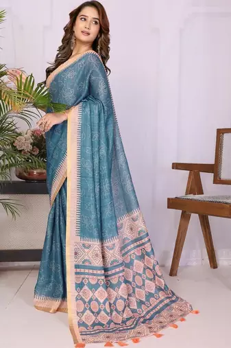 Blue linen printed saree with blouse