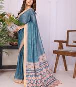 Blue linen printed saree with blouse