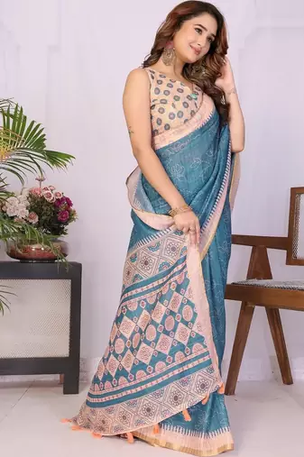 Blue linen printed saree with blouse