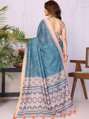 Blue linen printed saree with blouse 5