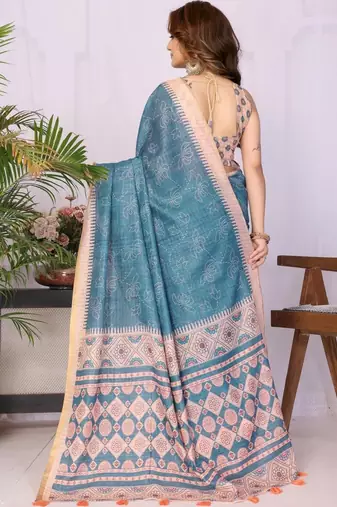 Blue linen printed saree with blouse