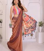 Brown linen printed saree with blouse