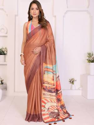 Brown linen printed saree with blouse 3