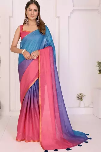 Multicolor linen striped saree with blouse