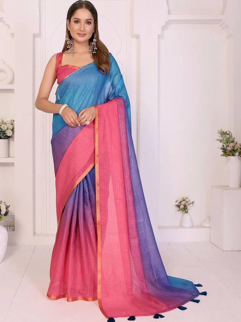 Multicolor linen striped saree with blouse
