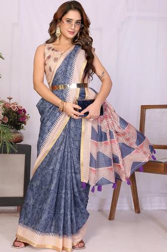 Blue linen  saree with blouse