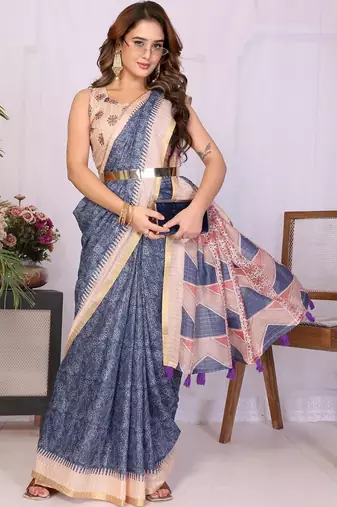 Blue linen  saree with blouse
