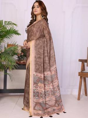 Brown linen  saree with blouse 1