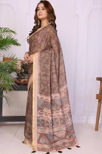 Brown linen  saree with blouse