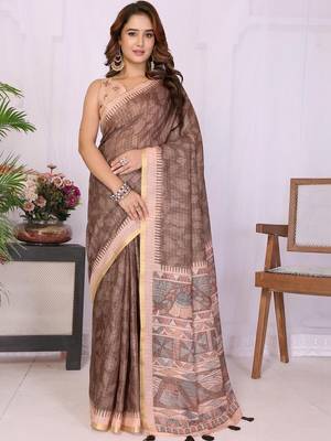 Brown linen  saree with blouse 5