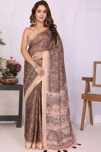 Brown linen  saree with blouse