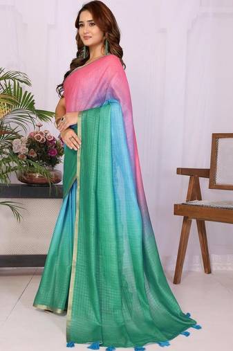 Multicolor linen solid saree with blouse