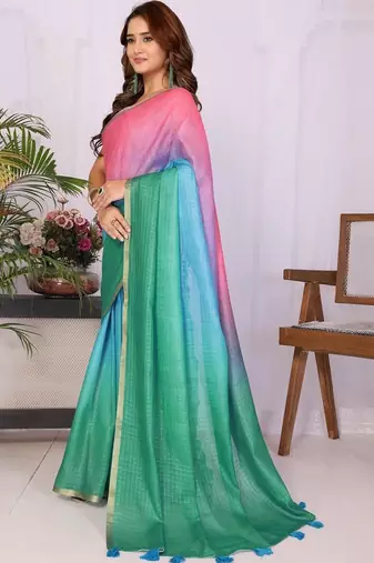 Multicolor linen solid saree with blouse