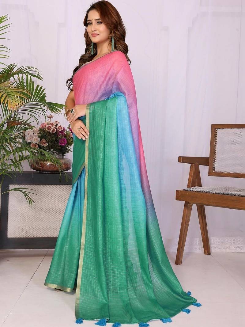 Multicolor linen solid saree with blouse