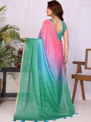 Multicolor linen solid saree with blouse 3