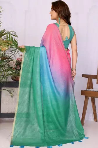 Multicolor linen solid saree with blouse