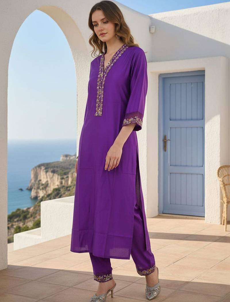 Women Ethnic Motifs Embroidered Regular Thread Work Liva Kurta with Trousers
