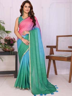Multicolor linen solid saree with blouse 4