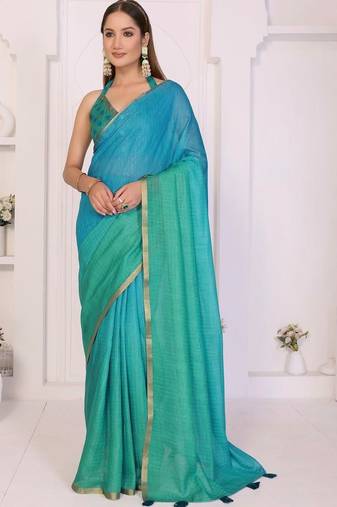 Blue linen checked saree with blouse