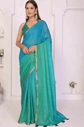 Blue linen checked saree with blouse