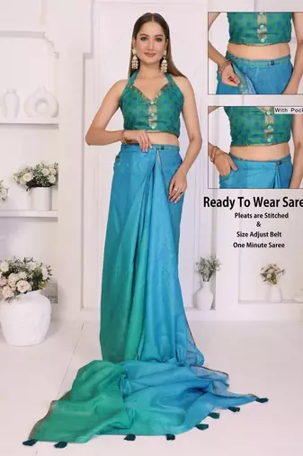 Blue linen checked saree with blouse