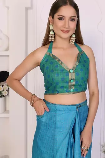 Blue linen checked saree with blouse