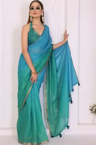 Blue linen checked saree with blouse