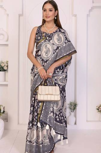 Navy blue linen printed saree with blouse