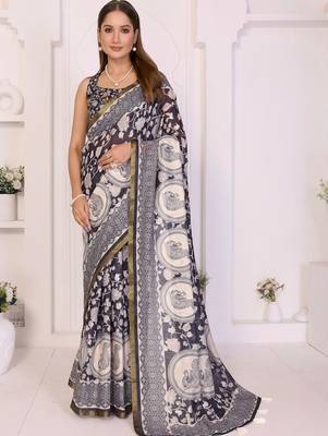 Navy blue linen printed saree with blouse 3