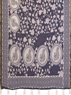 Navy blue linen printed saree with blouse 5