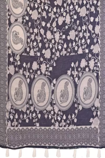 Navy blue linen printed saree with blouse