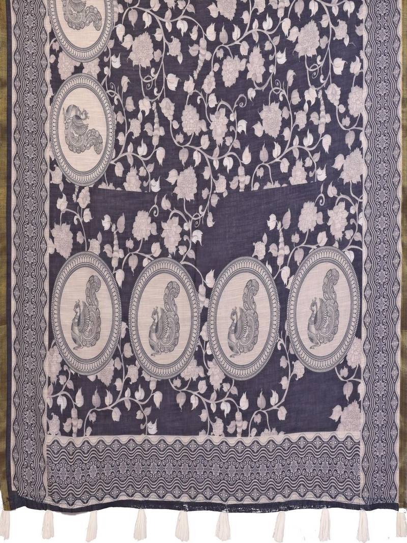 Navy blue linen printed saree with blouse