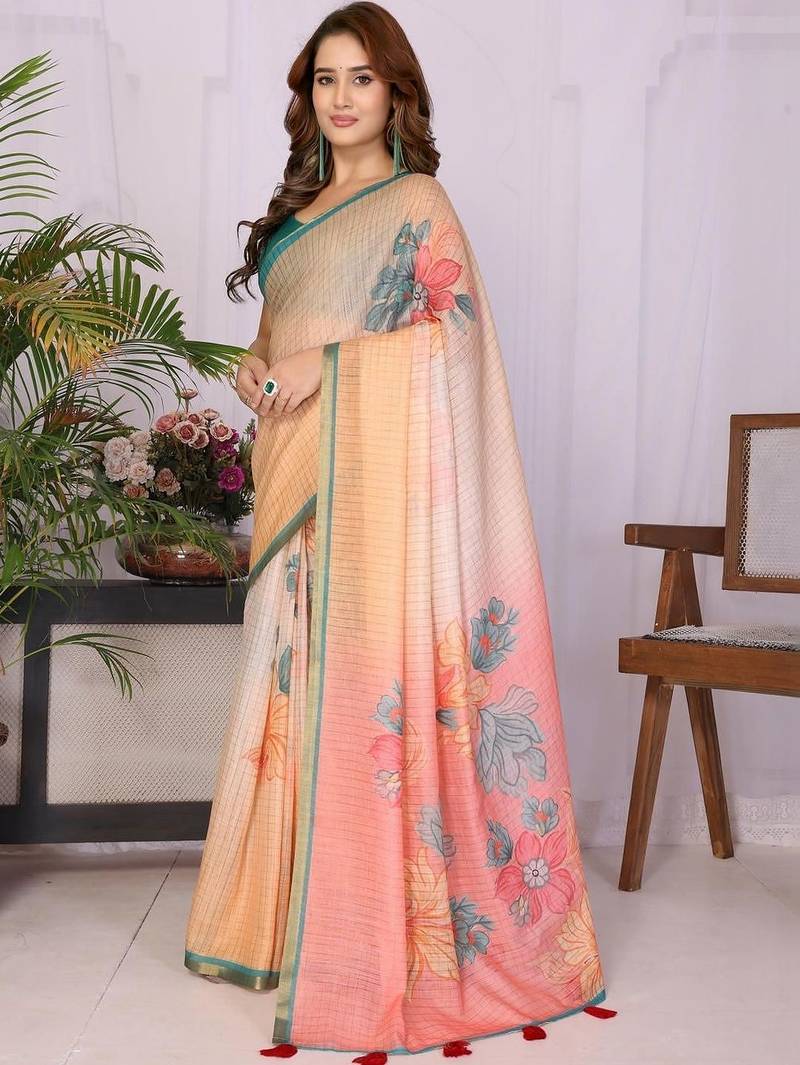 Multicolor linen checked saree with blouse