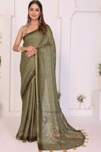Olive linen printed saree with blouse