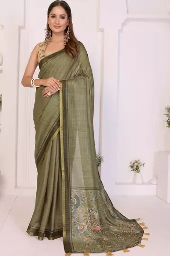 Olive linen printed saree with blouse
