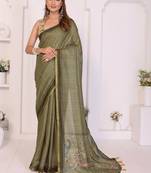 Olive linen printed saree with blouse