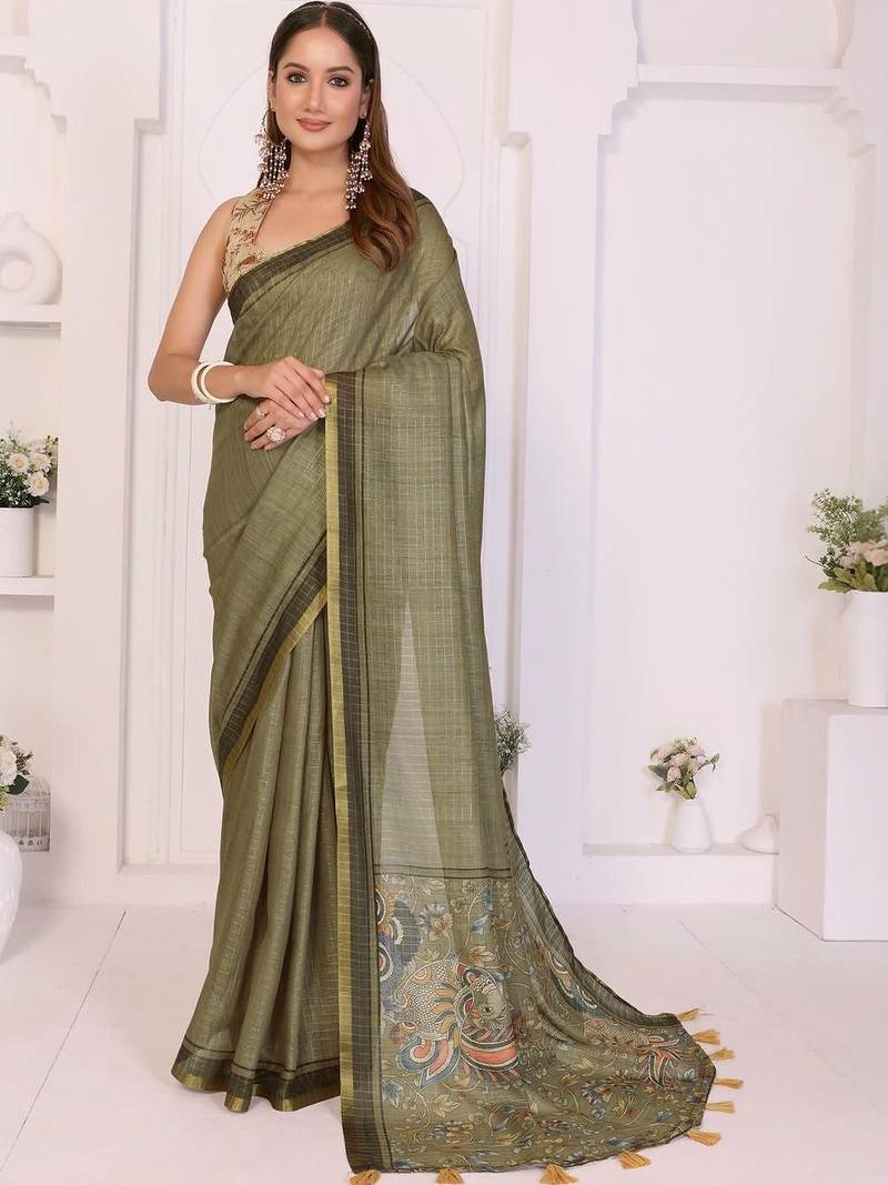 Olive linen printed saree with blouse