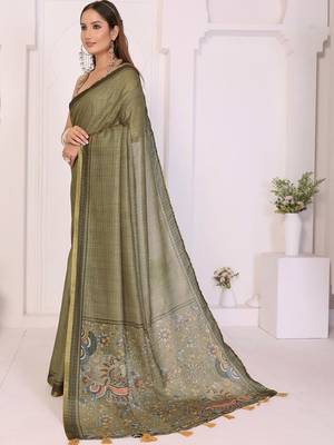 Olive linen printed saree with blouse 2