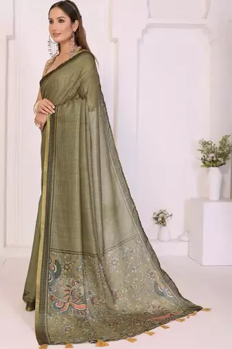 Olive linen printed saree with blouse