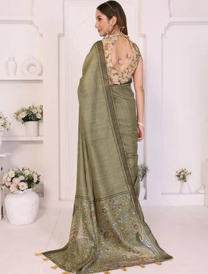 Olive linen printed saree with blouse 3